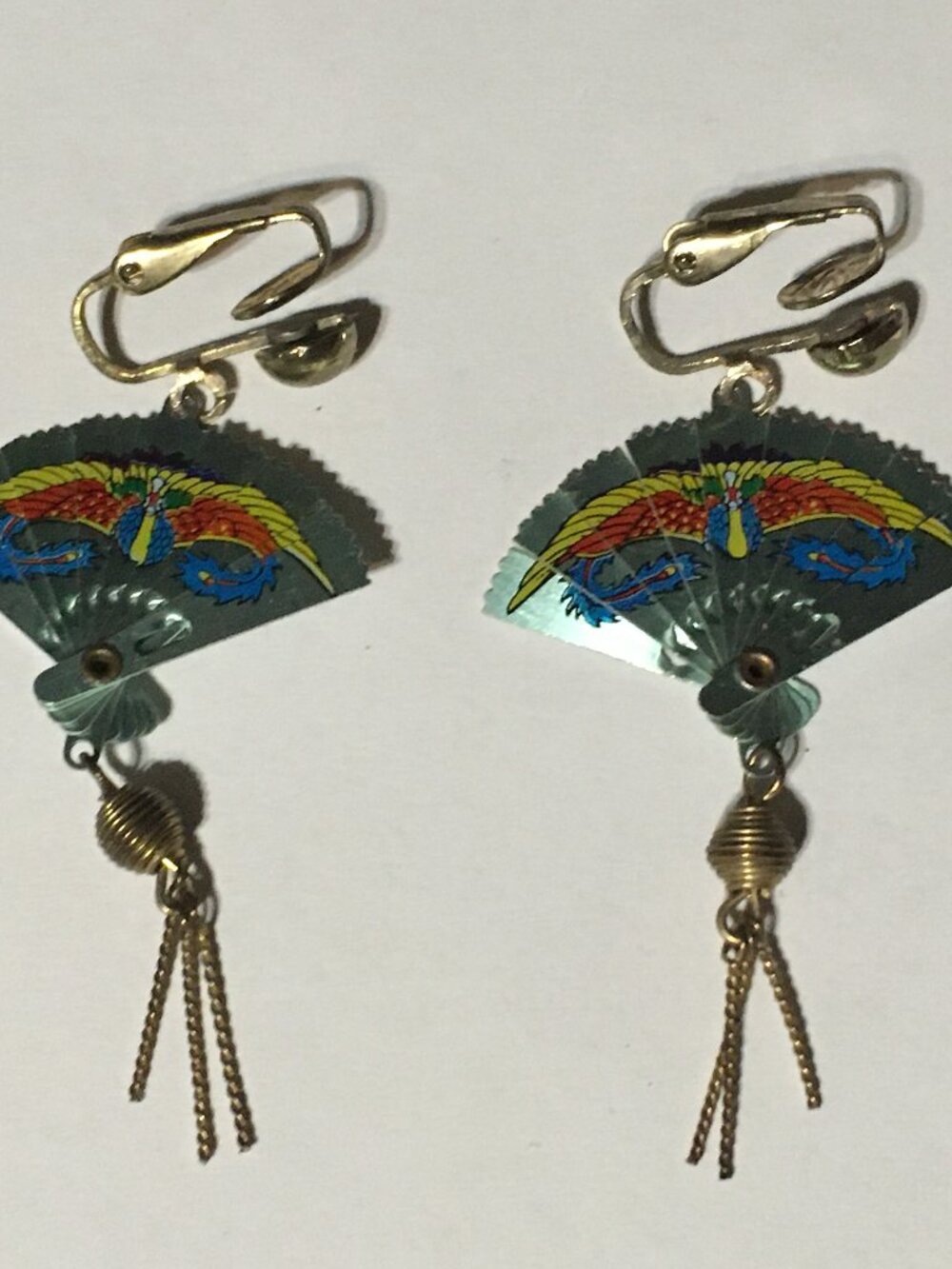 VINTAGE CHINESE DOUBLE SIDED FOLDING FAN EARRINGS DOVES PHOENIX